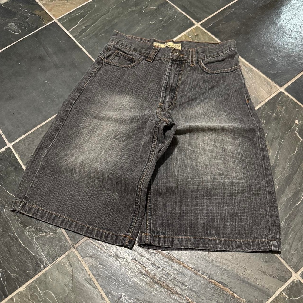 00s Y2K Indigo Thirty Embroidered Gray Crosshatch Denim BAGGY Shorts - 27" - Picture 6 of 8